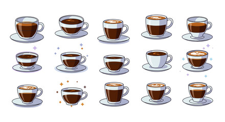 A collection of various coffee drinks in cups, displayed on saucers against a white background.