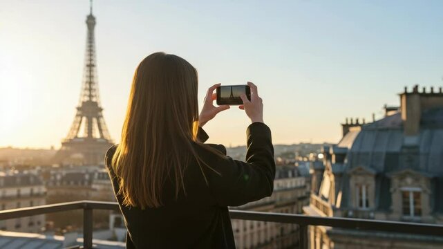 Woman is taking a photo of the eiffel tower in paris