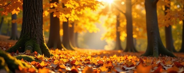Golden autumn leaves twirling in a sunny forest scene , landscape, daylight
