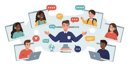 A teacher leads a virtual class with students, communicating via laptops.