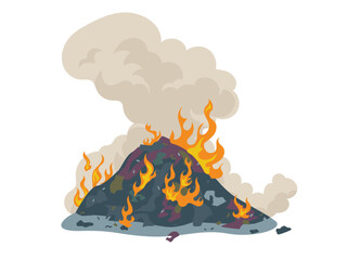 Burning heap of garbage, smoke, pollution, waste