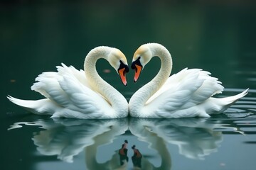 Two swans gracefully curved, forming a heart shape on tranquil water , peaceful, lake