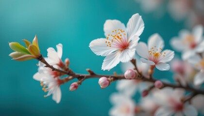 Serene Spring Blossom: Delicate White Flowers Against a Teal Sky