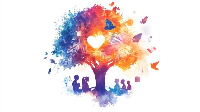 An artistic rendering showcases a knowledge tree with people reading below, symbolizing growth, learning, and community spirit.