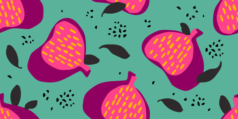 Fig Fruit Illustration Seamless Pattern. Fruit background. Hand drawn childish style. Summer tropical food background. Vector illustration.