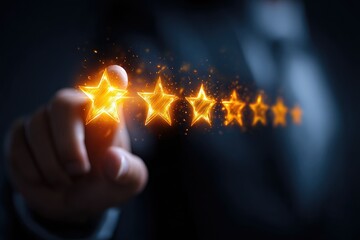 Hand pointing to glowing review stars.