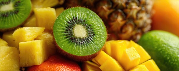 Fruit combo concept. Vibrant assortment of fresh fruits including kiwi and pineapple.