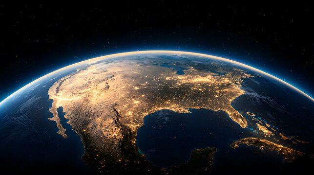 A nighttime view of North and Central America from space, showcasing the bright lights of major cities and the darker areas of more rural landscapes.