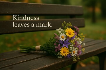 A Beautiful Wildflower Bouquet on a Rustic Bench Surrounded by Nature with Inspirational Quote on Kindness for Serene Settings