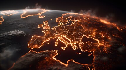 The image shows a stylized depiction of the European continent, seemingly glowing with fiery orange energy.  The borders of countries are highlighted with bright lines, giving the impression of a map