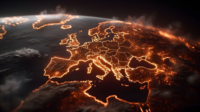The image shows a stylized depiction of the European continent, seemingly glowing with fiery orange energy.  The borders of countries are highlighted with bright lines, giving the impression of a map