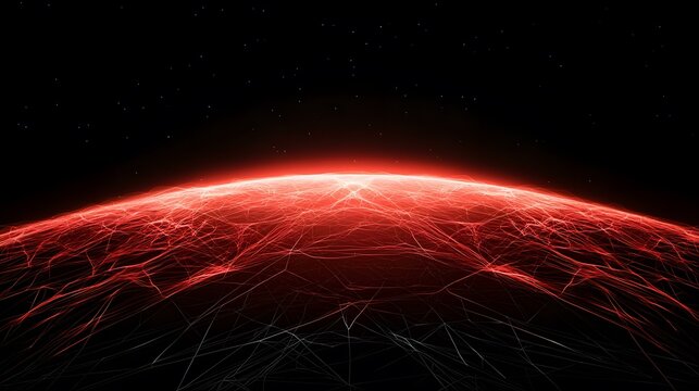 The image shows a stylized depiction of a planet or sphere enveloped in a network of glowing red lines, resembling a complex web or energy field, set against a black background speckled with stars.A