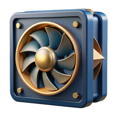 3d render of a modern gold and blue computer fan isolated on transparent background