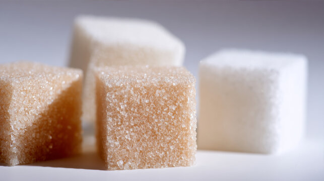 Close-up of sugar cubes stacked in a pile against beige background, symbolizing excessive sugar consumption and its health risks. Conceptual visual metaphor for unhealthy diet habits, food addiction,  - Powered by Adobe