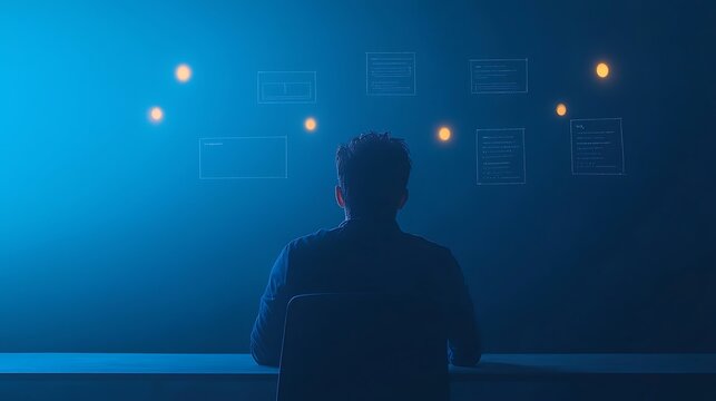 Man Analyzing Digital Data in Futuristic Blue Environment