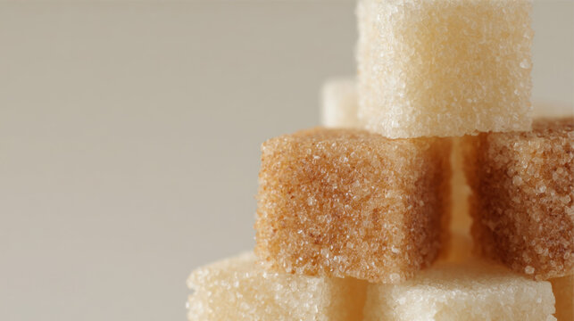 Close-up of sugar cubes stacked in a pile against beige background, symbolizing excessive sugar consumption and its health risks. Conceptual visual metaphor for unhealthy diet habits, food addiction,  - Powered by Adobe