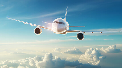 White passenger jet flying above clouds in blue sky