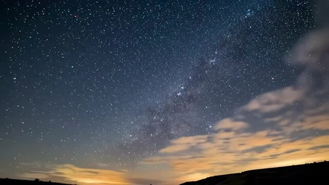 Night sky with numerous stars a strip of the Milky Way and faint lowlying clouds with orange light illuminating the horizon