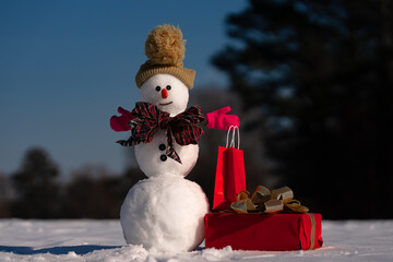 Snowman with Christmas present gift box outdoor. Funny snowman with a carrot nose and scarf and...