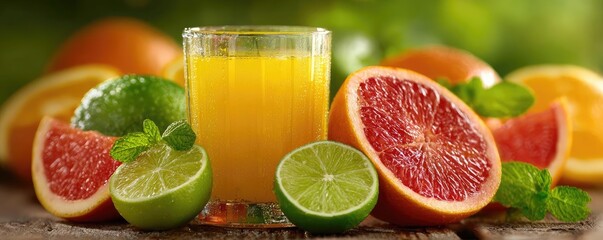 Anti fatigue concept. Refreshing citrus juice served with fresh fruit slices.