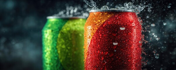 Anti fatigue concept. Refreshing beverage cans with vibrant colors and splashing water.