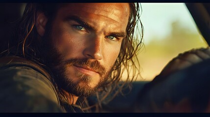 Intense gaze of a rugged Caucasian man with long hair in a car's interior.