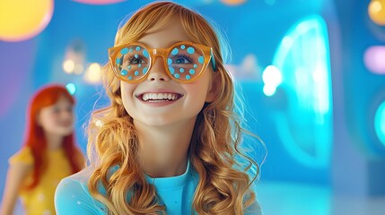 Smiling Caucasian girl with curly hair wearing oversized polka dot glasses in vibrant setting.