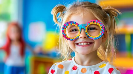 Cheerful Caucasian girl with playful glasses, bright smile in colorful preschool setting.