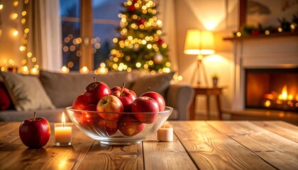 A festive Christmas tree with glowing candles and various decorations lights up a cozy holiday room, apples on glass bowl