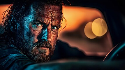 Intense Caucasian male driver with a rugged appearance, illuminated by dramatic lighting.