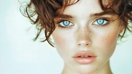 Close-up portrait of a young Caucasian woman with curly hair and striking blue eyes.