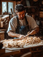 A young carpenter is working on wood, and wood chips are scattered around.
