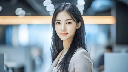 Young Asian woman smiling confidently in a modern office setting.