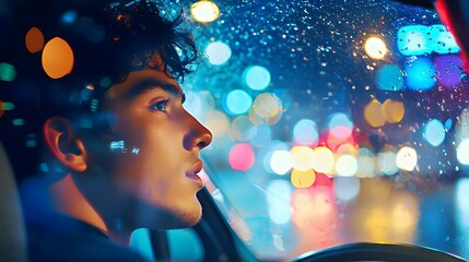 Young Hispanic man gazing out of a rainy car window at city lights at night.