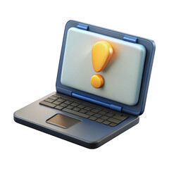 3d render of a blue laptop with a golden exclamation mark isolated on transparent background
