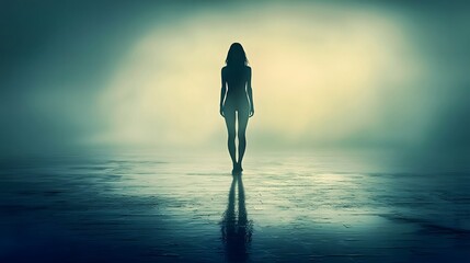 Silhouette of a woman standing alone in a misty, ethereal landscape.