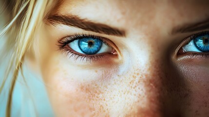 Close-up portrait of a young female with striking blue eyes and freckles.