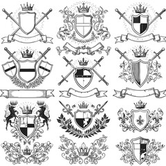 Vintage coat of arms and heraldic shields in black and white design  