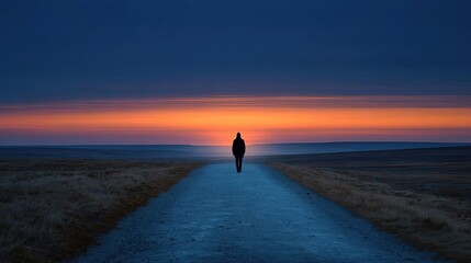 Fototapeta premium Constant fear concept. A solitary figure walks along a serene path at sunset.