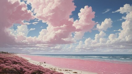 A serene ocean scene with pink sand and clear blue sky and soft white clouds
