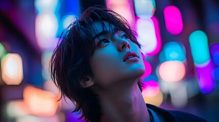 Young Asian male gazing upward in vibrant neon city lights.
