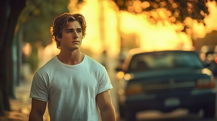 Young Caucasian male in a white t-shirt, looking thoughtfully at sunset.