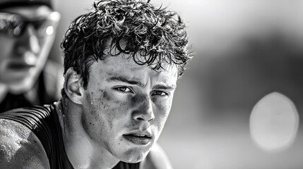Intense portrait of a young male athlete in black and white.