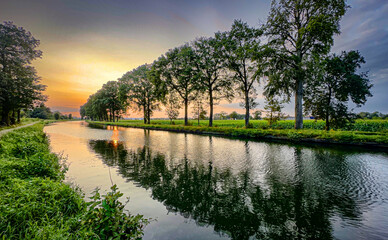 A serene and tranquil river scene showcasing an array of lush green trees along with a stunning sunset reflection