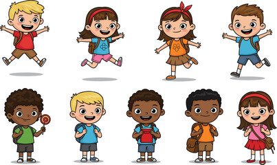 Cute cartoon school children with backpacks, happy kids jumping, standing, smiling, diverse group, back to school illustration vector