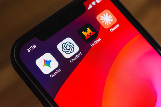 Icons of Gemini, Chat Gpt, Mistral AI chat, Claude app. Large language model (LLM ) in the screen of a phone	