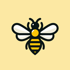 A stylized vector image of a black  yellow bee with white wings on a light yellow background