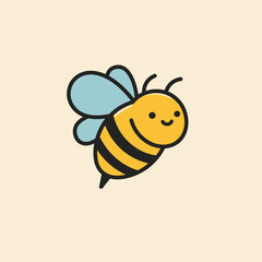 A yellow and black cartoon bee smiles with blue wings and a black outline