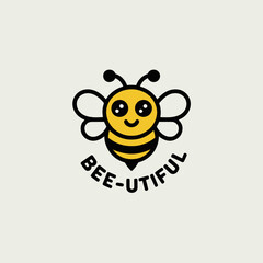 Cartoon bee with black outline yellow body and stripes Text reads BEEUTIFUL