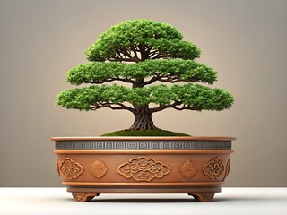 Beautifully sculpted green bonsai tree in an ornate wooden pot